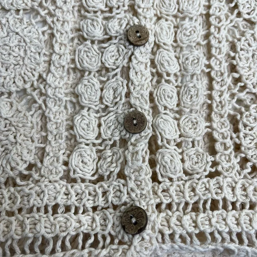 Rebellion Crochet Lace Fringe Button Front Cream Boho Vest Cotton Women Small